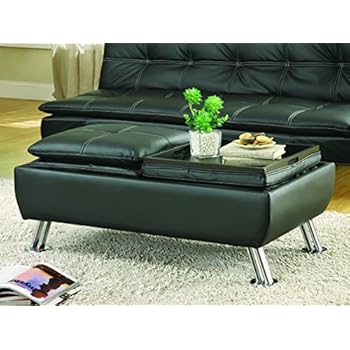 Coaster Dilleston Contemporary Black Faux Leather Storage Ottoman with Reversible Tray Tops