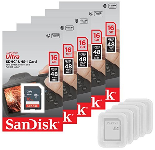 5 PACK - SanDisk Ultra 16GB SD SDHC Memory Flash Card UHS-I Class 10 Read Speed up to 48MB/s 320X SDSDUNB-016G-GN3IN Wholesale Lot + ( 5 Cases )