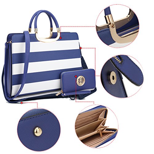 Dasein Designer Purse Stripes Satchel Handbag PU Leather Purse Top Handle Handbags (XL2828 stripe 2PCs- Black/White)