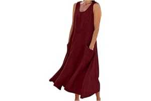 BEESSBEST Women Casual Summer Dresses, Cotton Linen Crewneck Sleeveless Long Sundress Oversized Beach Maxi Dress with Pockets