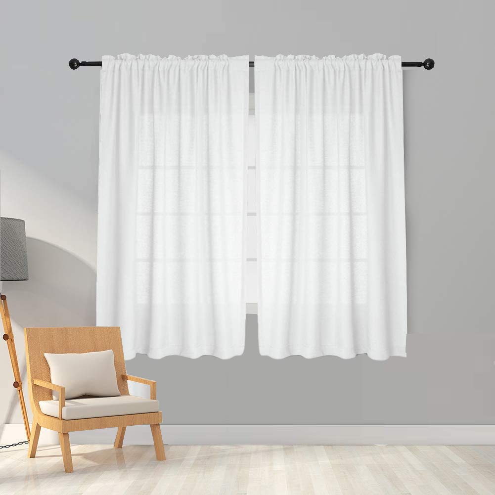 Melodieux 2 Panel Faux Linen Voile Net Curtains Semi Sheer Rod Pocket Drapes for Bedroom, Living Room, Window - White, 55 x 54 inch drop (140 x 137cm)