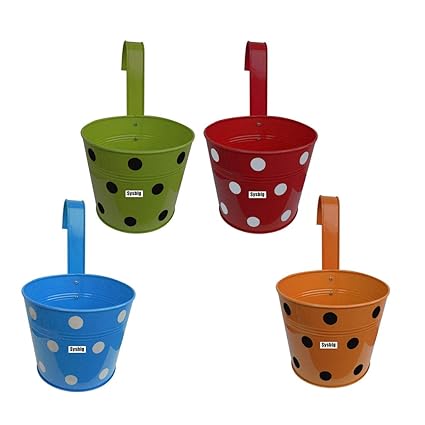 Kraftsplanet Garden Decor Set of Four Polka Painted Ribbed Design Railing planters Detachable Hooks