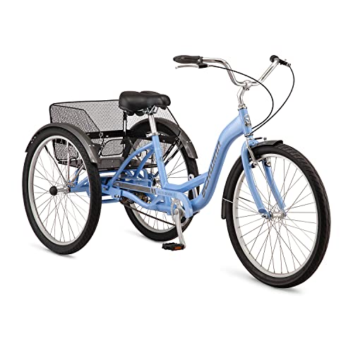 Schwinn Meridian Triciclo para adultos, bicicleta de 26 pulgadas para mujeres y hombres, triciclo para adultos de una sola velocidad, marco de paso bajo, asiento Springer Cruiser, posición de conducción vertical, bicicleta con cesta, triciclo para adultos