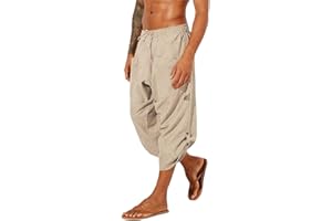 Gafeng Mens Linen Harem Capri Pants Drawstring 3/4 Shorts Casual Beach Yoga Hippie Thai Pants