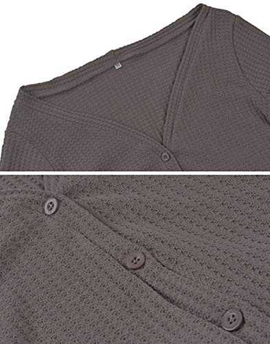 Womens Waffle Knit Tunic Blouse Front Tie Knot Henley Tops Button Down Knitting Cardigan Batwing Plain Shirts Black M - Thumbnail 6
