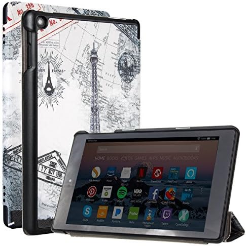 GARUNK Case for Amazon All-New Fire HD 8 Tablet (7th Generation, 2017 Release Only) - Slim Folio Leather Folding Stand Hard PC Back Cover for Fire HD 8, MAP TOWER (with Auto Wake / Sleep)