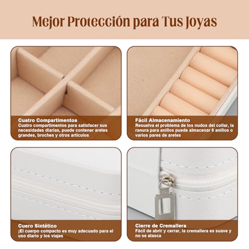 MEKOTRIN Caja Organizador de Joyero, Joyero Pequeño de 20 Piezas, Alajero de Viaje PU para Mujer, Estuche Portátil para Dama de Anillos Pendientes Collares(Blanco)