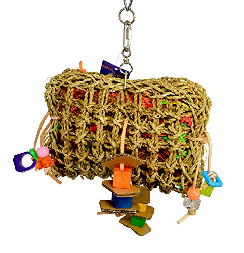 Birds LOVE Medium Seagrass Foraging Pouch Toy w Wood & Acrylic Toys on Leather Strings, Forage Hanging Chewing Fun for Macaw Cockatoo Grey Amazon – 10″ x 10″