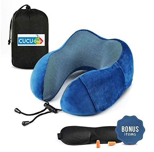 Airplane Pillow, Neck Pillow - Memory Foam Travel Neck Rest Airplane Pillow - Premium Plane Travel Comfort Kit with Velvet Neck Pillow, Eye Mask & Ear Plugs - Napping Airplane Set - Great Gift Idea