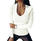 Fessceruna Womens Long Sleeve Shirts Tops Fall Deep V Neck Ribbed Casual Slim Fit Basic Sexy T-Shirt 2025