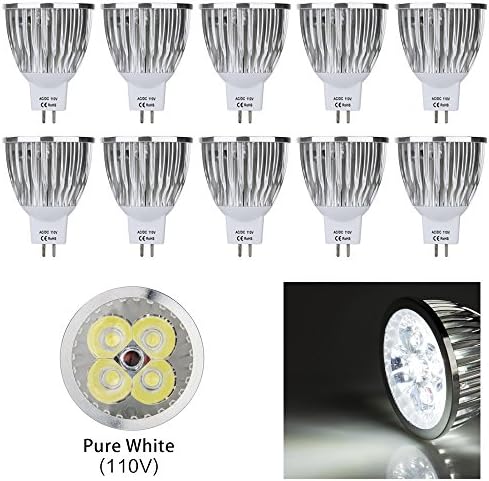IARR 110V 4W MR16 Pure White LED Bulbs 6000K Daylight Spotlights 50 Watt Equivalent 330 Lumen 60 Degree Beam Angle for Landscape Recessed Accent Lighting (Pack of 10)