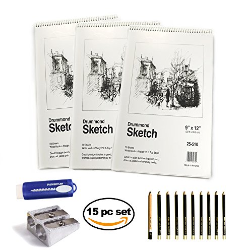 Deluxe Art Set Includes 3 Sketchbooks 150 Sheets total 10 Premium Pencils 1 Pink Eraser and 1 Single Hole Sharpener For The Ultimate Paper Kit (1 pck Drawing Set w/ 1 Staedtler Mars slide eraser)