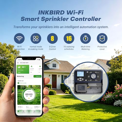 Inkbird IICO-800 8 Zone WiFi Irrigation Control Unit with Protective Cover, 16 Irrigation Programs, Rain Jump, Water Calculation, Manual Irrigation, Control Unit for Garden