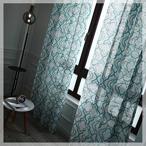 Lofus Moroccan Sheer Curtains 84-Inch Length for Living Room, Grommet Top Semi-Sheer Airy Country Panels for Dinning Room, 50 x 84 Inches Long, Set of 2 Window Curtain Panels, Teal Blue