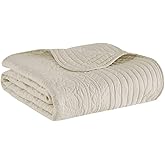 Madison Park Luxe Quilted Throw Blanket - Damask Stitching Design, Cotton Filled Spread, Ultra Soft, Cozy Bedding for Living Room Couch, Sofa, Bed, 60x72", Scalloped Borders Cream