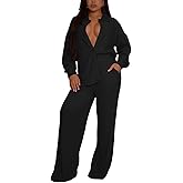 Elainone Women's 2 Piece Outfits Button-Down Shirt Long Sleeve and Flare Pleated Wide Leg Pant Sets With Pocket
