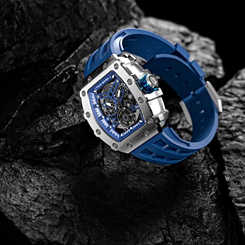 TSAR BOMBA Automatic Tonneau Carbon Fiber Bezel Luxury Mens Watches 50M Waterproof Skeleton Mechanical Stylish Watch for Men Simple Men’s Silver Wrist Watch Cool Unique Watch with Silicone Strap