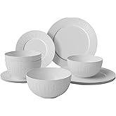 Yoshy 12-Piece White Bone China Dinnerware with Lightweight Durable Chip Resistant Design Service for 4 (12 Piece - Service for 4, Streamsong)
