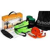 flybold Slackline Kit with Training Line Tree Protectors Ratchet Protectors Arm Trainer 57 feet Easy Set up Instruction Booklet and Carry Bag Complete Set Outdoor fun for Family Adults Children Kids