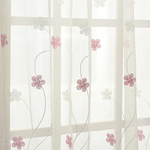 Floral Embroidered Sheer Curtains Faux Linen Grommet Curtain Panels for Living Room 52 x 63 Inch 1 Panel Pink