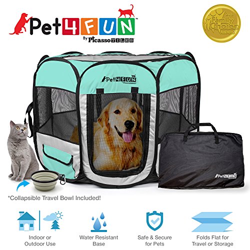 PicassoTiles PET4FUN PN935/PN945 Portable Pet Puppy Dog Cat Playpen Crates Kennel w/Water Resistant 600D Oxford, 210D Nylon, Carrying Bag, Collapsible Bowl, Removable Mesh Cover 2 Sizes - Thumbnail 7