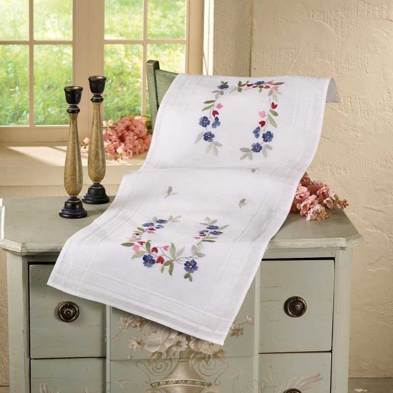 DECO-LINE Blue Pansy 40X100CM Printed Table Runner Embroidery KIT, WHITE