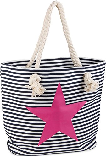 styleBREAKER Strandtasche in Streifen Optik mit Stern, Schultertasche, Shopper, Damen 02012037, Farbe:Marine-Weiß/Pink