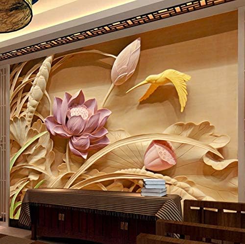 3D Printing Imitation Wood Carving Lotus Mural Chinese Style 3D Large Murals Living Room Tv Backdrop Wall Art Wallpaper,320X220Cm(125.98X86.61 in)
