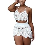 Dreamparis Women's Lace Floral 2 Pieces Outfit Halter Neck Crop Top+Shorts Set Rompers