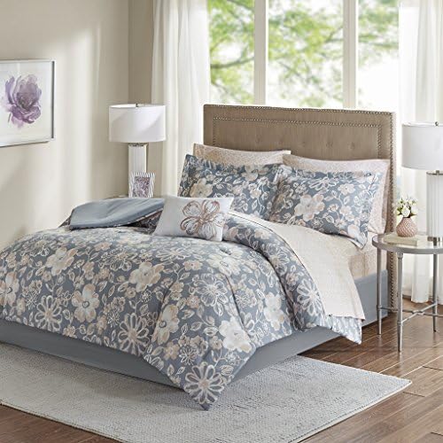 JLA Home INC Madison Park Essentials Lily Queen Size Bed Comforter Set Bed In A Bag - Grey, Floral – 9 Pieces Bedding Sets – Ultra Soft Microfiber With Cotton Sheets Bedroom Comforters