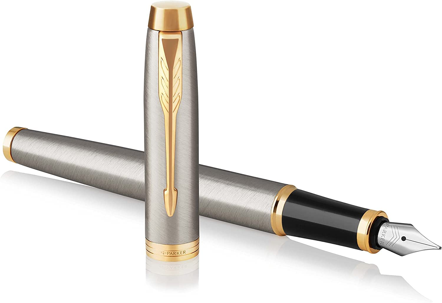 Parker IM Premium Fountain Pen | Brushed Metal with Gold Trims | Fine Nib | Black Ink | Gift Boxed