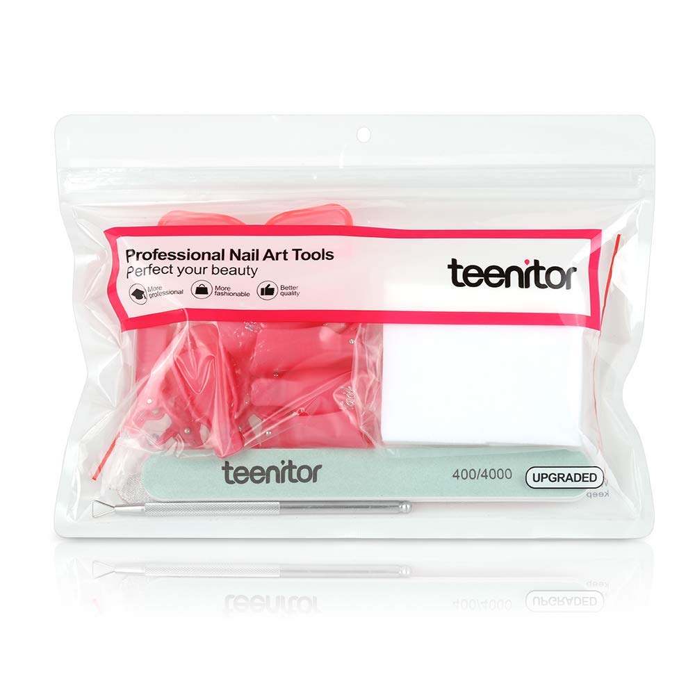 Teenitor Nail Gel Remover Tools Kit with Pink Polish Remover Clips, Cuticle Peeler Scraper, Gel Nail Brush, 115 Pack Nail Wipe Cotton Pads, Nail File Grits 120/180 Buffer Block Grits 400/4000 : Beauty