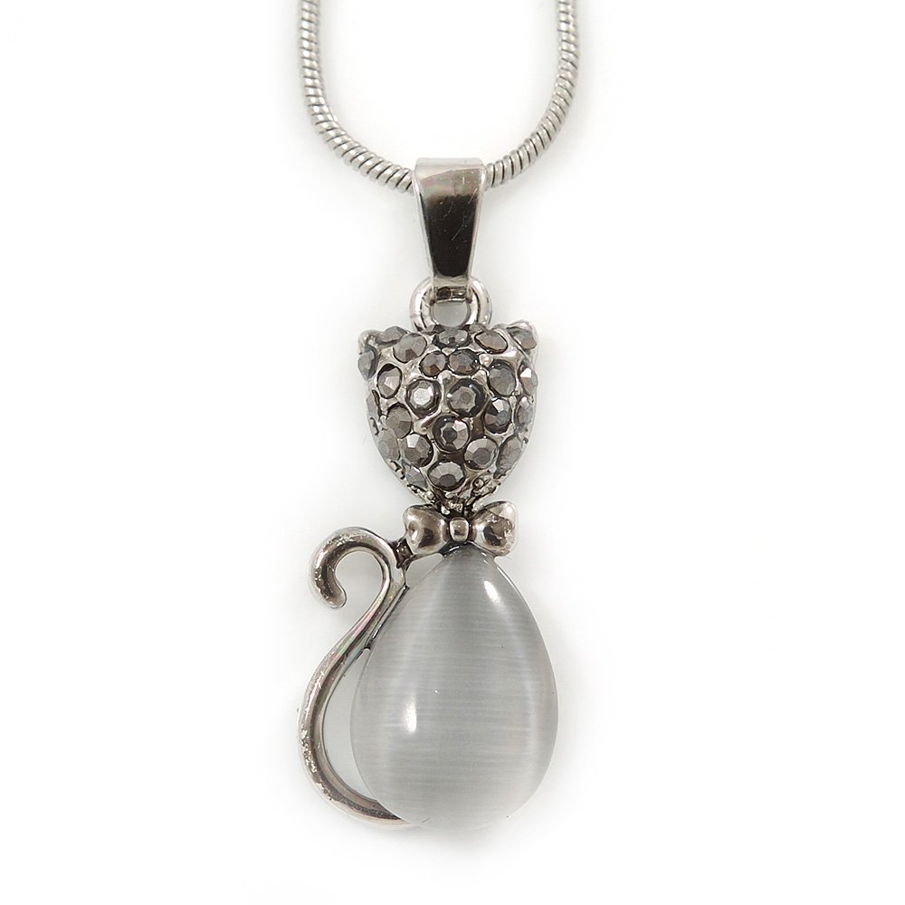 Avalaya Cat's Eye Stone Crystal Kitty Pendant With Silver Tone Snake Style Chain/ 42cm L