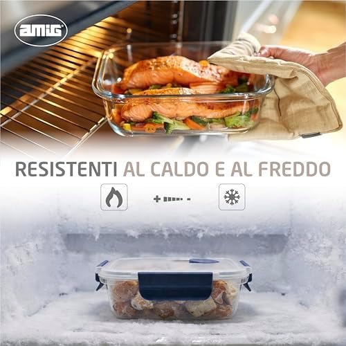 - Set di 3 Contenitori Ermetici in Vetro - 370ml, 640ml, 1050ml - Trasparente - Coperchio in Polipropilene - Adatti per Conservare, Trasportare e Riscaldare Alimenti - Mod. 700