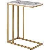 ROSEN GARDEN C-Shape Side End Table, Gold Faux Marble Tray Snack Table with Metal Frame, Laptop Coffee Holder, Gold Modern Fu