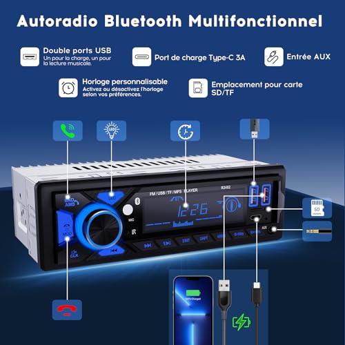 RDS Bluetooth Car Radio, CENXINY Bluetooth Car Radio with Type-C Charging Port, LED Lighting, FM 1 Din Car Radio with 7 Coloured Lights/2 USB/AUX/SD/MP3 Players