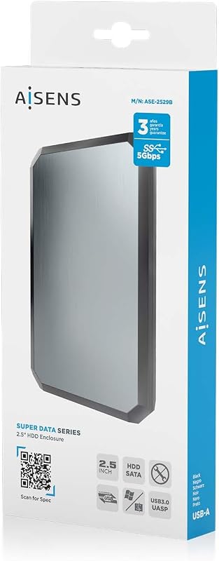 Carcasa Externa para HDD/SSD SATA de 2,5", USB 3.0 hasta 5 Gbps, UASP, sin Herramientas, Negro y Gris - ASE-2529B