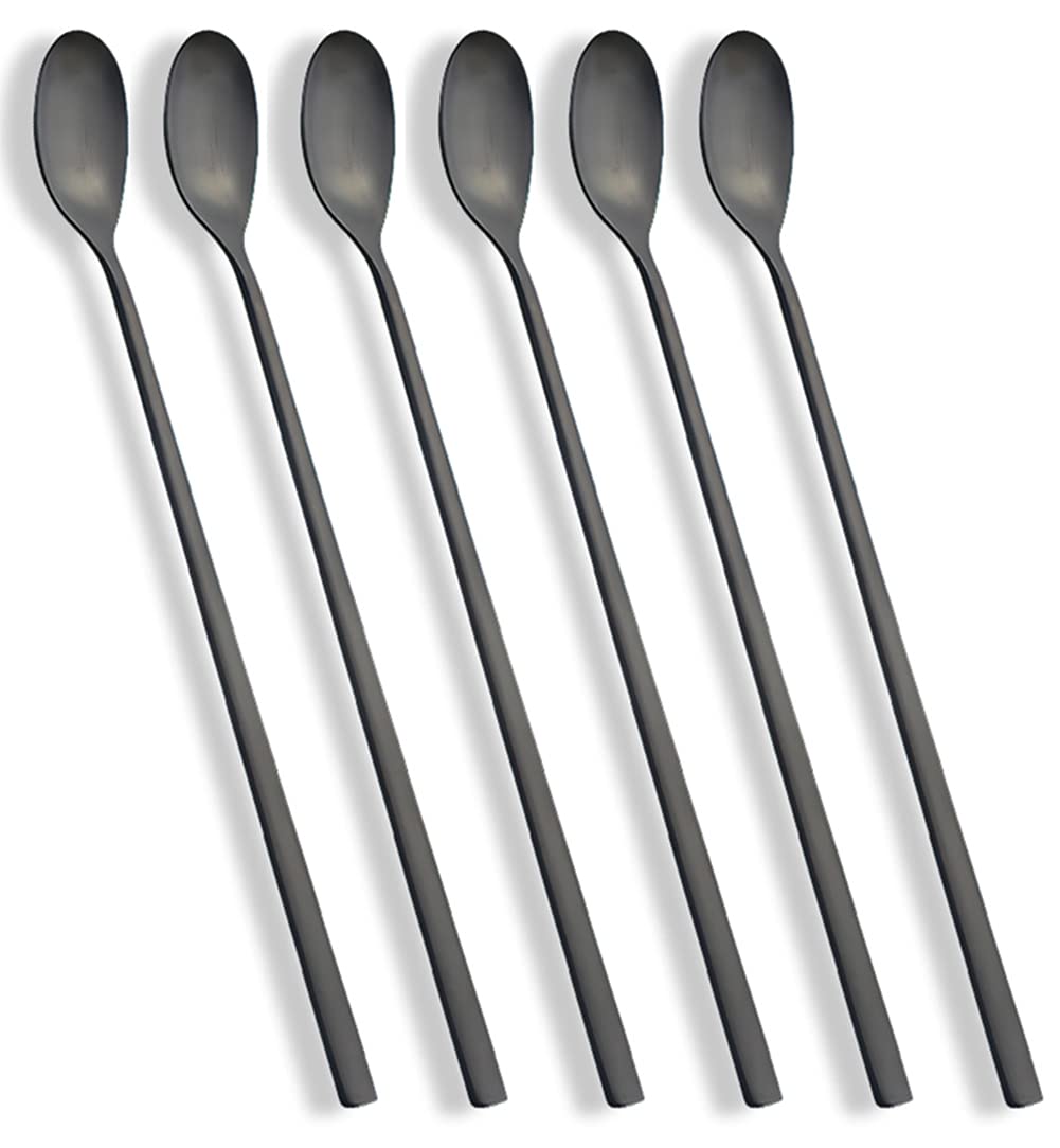 AOOSY Matte Black 9-Inch Long Handle Iced Tea Spoon, Coffee Spoon, Ice Cream Spoon, Stainless Steel Cocktail Stirring Spoons, Set of 6