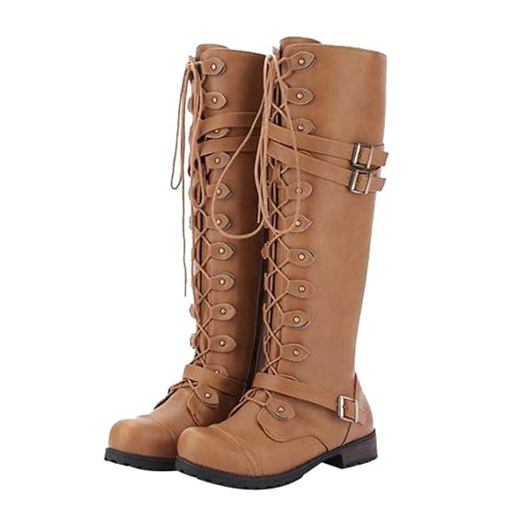 Deloito Damen Mode Freizeit Steampunk Stiefel Vintage-Stil PU-Leder Schnalle Militär Kampf Stiefel