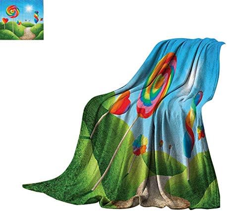 Custom homelife Throw Blanket Fantasy House Decor,Fantasy Candy Land with Delicious Lollipops and Sweets Sun Cheerful Fun Print,LGreen Blue Soft Blanket Microfiber Bed or Couch 60"x50"
