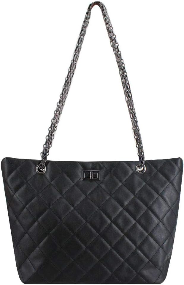 Rebecca Women Lattice Patent Leather Shoulder Bag Large Capacity Classic Quilted Tote Handbag (Black)
