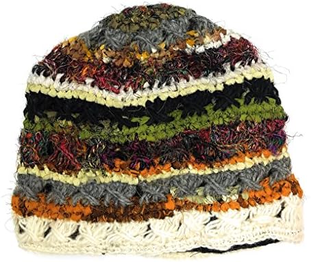 Hand Knit Recycled Silk Striped Beanie Hat Made in Nepal (White1)