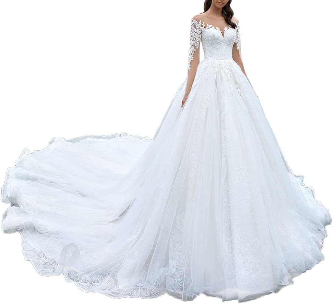 Wanshaqin Women’s Deep V-Neck Lace Appliques Beach Wedding Dress A-line Train Wedding Gowns for Brides