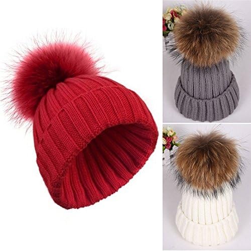 GXP New Fashion winter Hat European pop women 15cm Ovo ball wool cute raccoon Fur Hat beanies thick warm knitted hat High quality Gray M