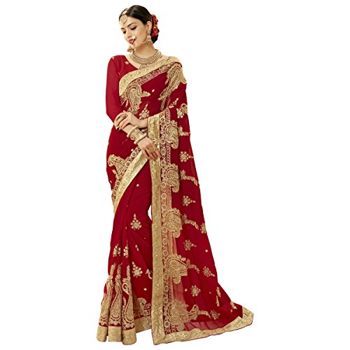 Triveni Indian Women's Red Colored Embroidered Wedding Saree
