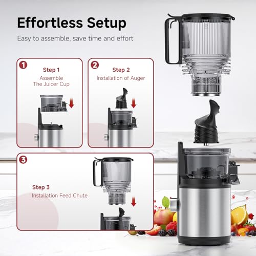 AMZCHEF Cold Press Juicer Machines, Slow Masticating Juicer with Low Noise DC Motor & Triple Filter, 160mm Wide Chute & 2L Capacity for Whole Fruits and Vegetables, Easy to Clean, Stainless Steel