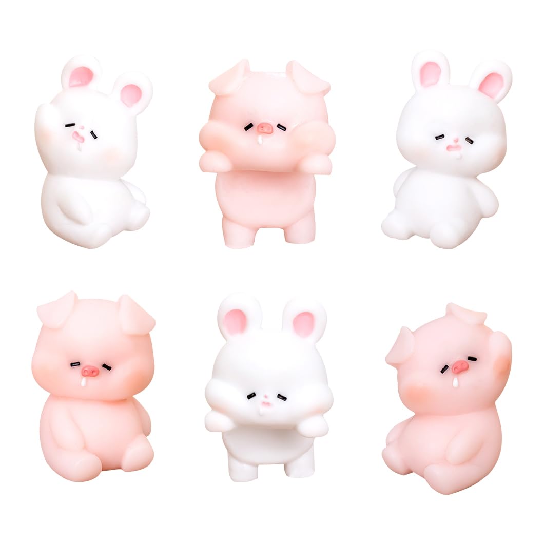 Rolin Roly 6PCS Resin Cute Rabbit and Pigs Micro Landscape Decorations for Bunnies Terrarium Decor Tiny Piggy Toy Plastic Cute Fairy Garden (6PCS)