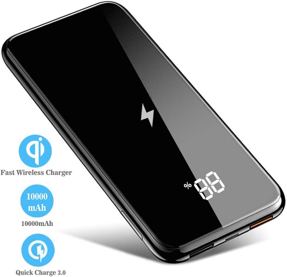 WISCLASS Wireless Portable Charger,10000mAh 10W Fast Qi Wireless Power Bank with 18W Power Delivery, QC 3.0 Ports and LED Displaly External Battery Pack for Smartphones Tablets and More