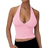 YFANG Women's Sexy Halter Tie Back Deep V Neck Sleeveless Slim Fitted Going Out Crop Tank Top