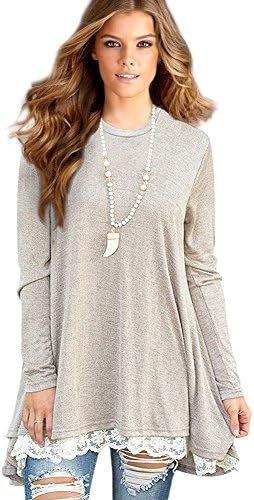 Sunfung Women's Lace Long Sleeve Tunic Tops Shirt Clothing Scoop Neck Womens Plus Size Tunic Blouses Tops (X-Large/US 16-18, Khaki)